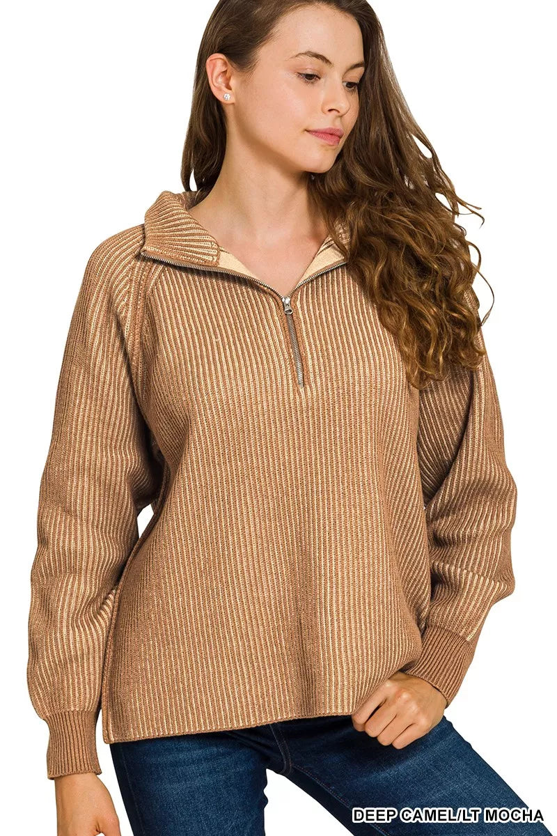 Zenana Ribbed Two Tone Half Zip Sweater