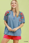 Umgee Embroidered Denim Puff Sleeve Top