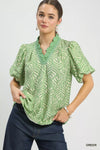 Umgee Printed Puff Sleeve Ruffle Neck Top