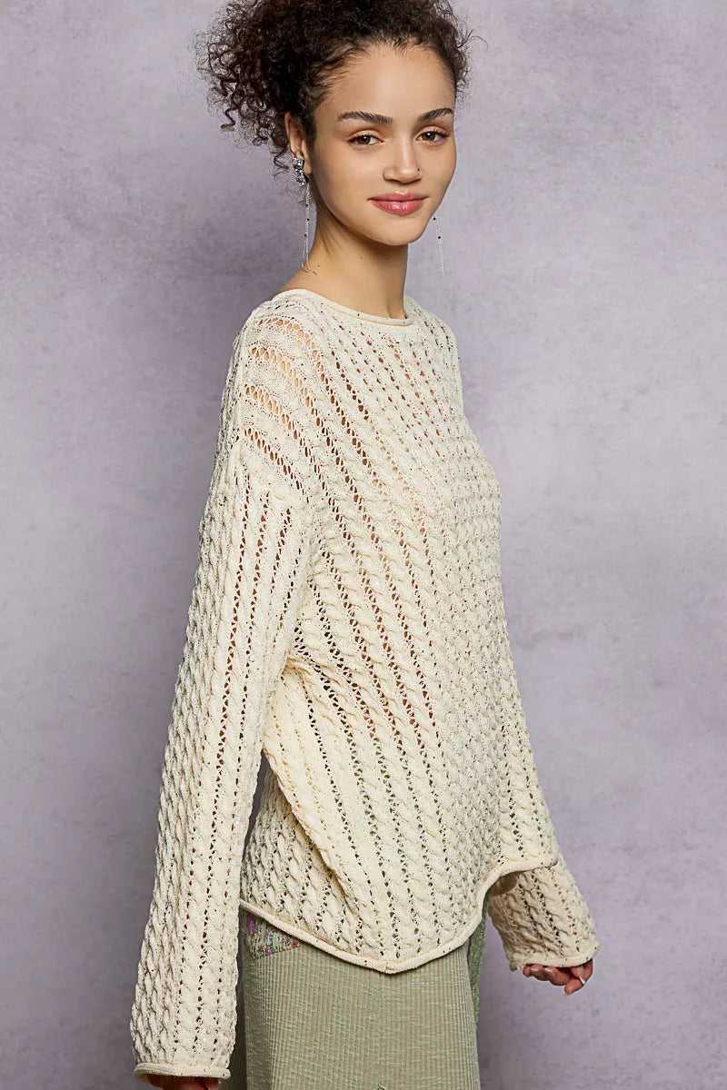 POL Openwork Round Neck Knit Top with Shiny Detail