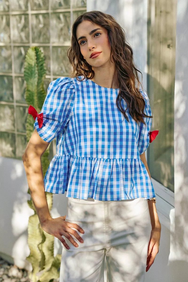 SO ME 4th Of July Gingham Ribbon Detail Short Sleeves Blouse