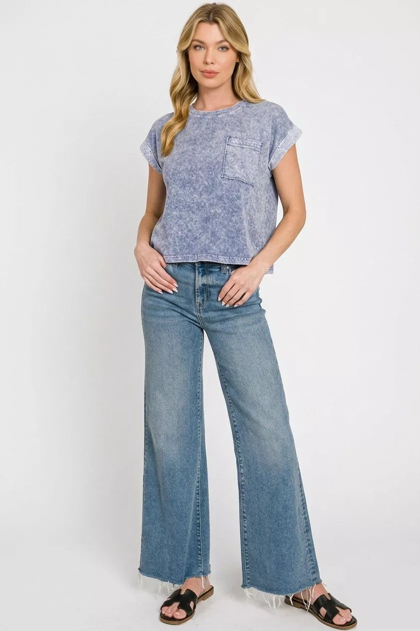 Zenana Halo Snow Washed Cotton Cuffed Short Sleeve Top