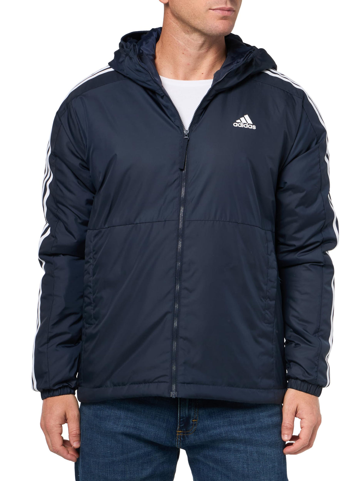 adidas Mens Essentials 3-Stripes Insulated Hooded Jacket Ink XX-Large