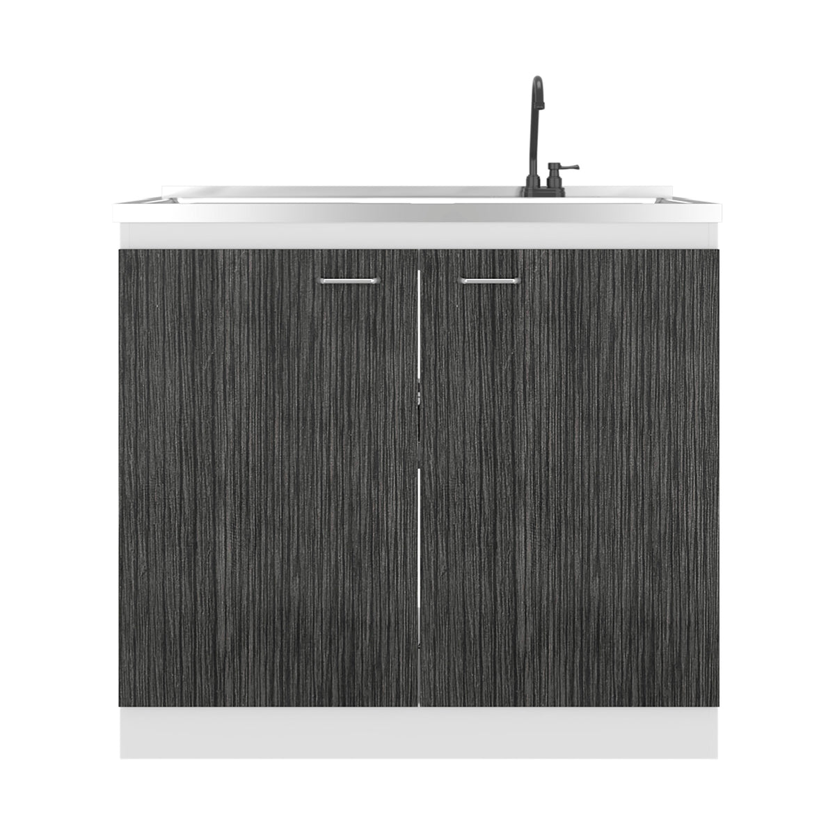 Napoles Utility Sink with Faucet Inclued and Integrated Stainless Steel Counter top, Freestanding cabinet with two doors, Metal Handles and Two interior shelves, Gray+White