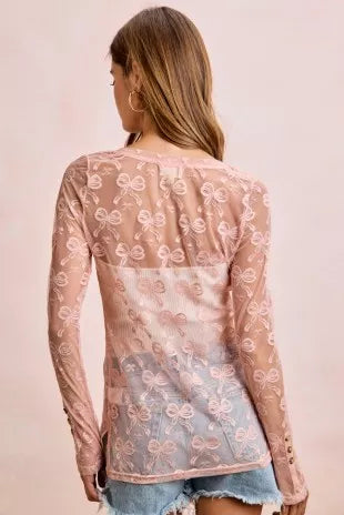 BiBi Bow Pattern Shrried V-neck Mesh Cardigan Top