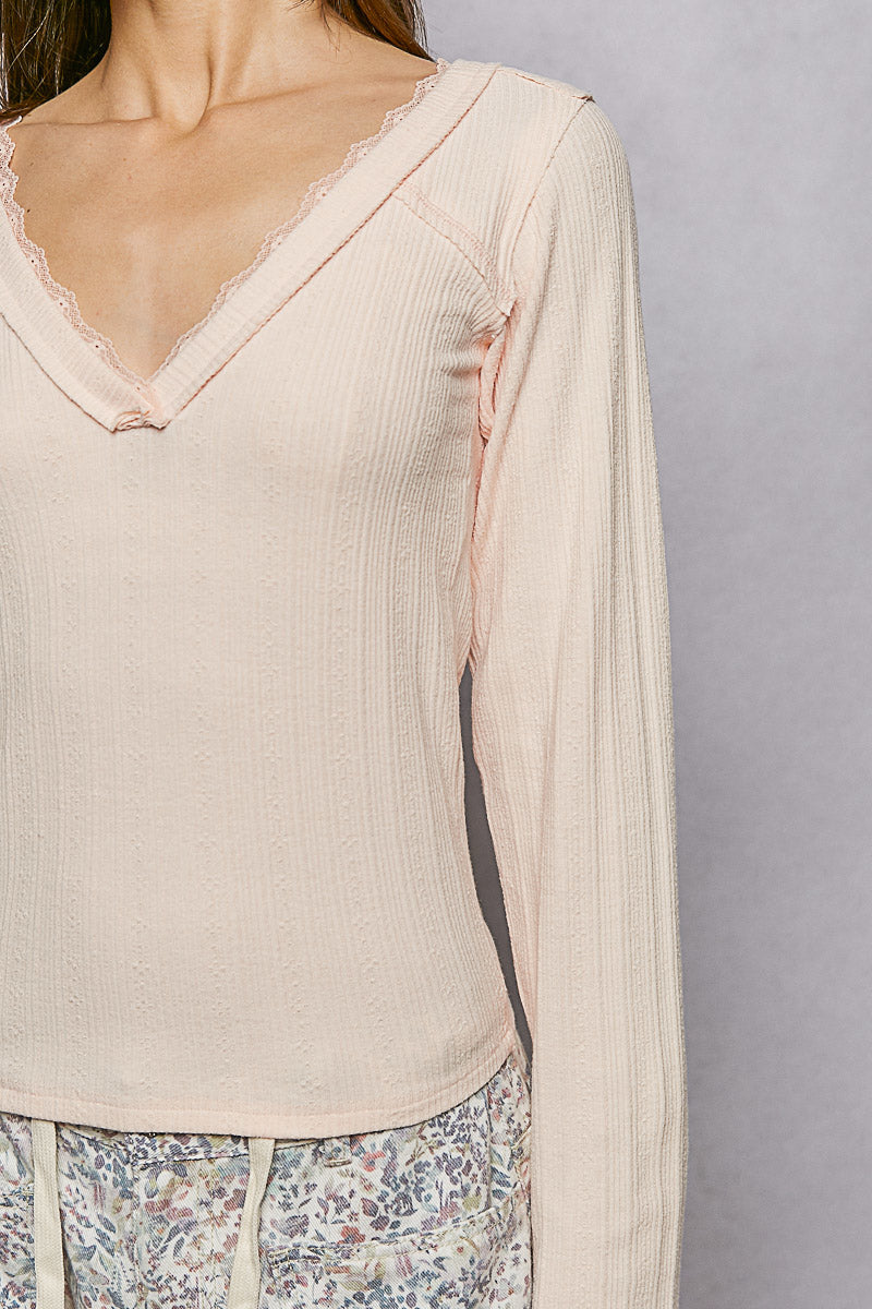 POL V-Neck Long Sleeve Ribbed Top with Lace-Accent Neckband