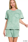 Zenana Halo Snow Washed Exposed Seam Top & Shorts Set