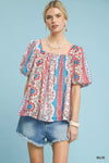 Umgee Patchwork Puff Sleeve Smocked Blouse