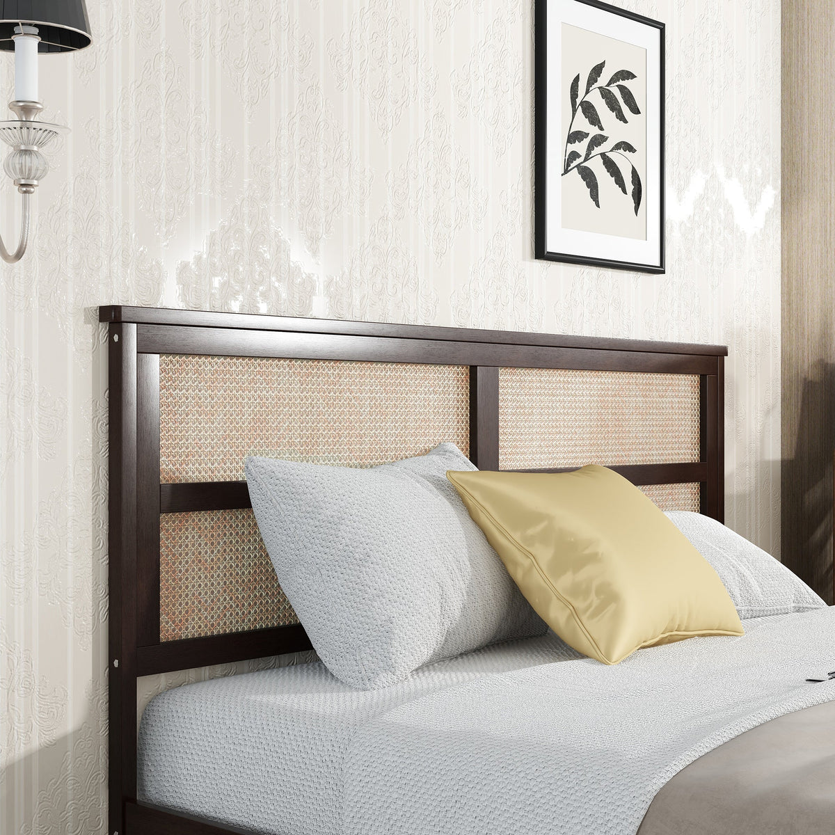 King Size Bed with Rattan Headboard, Two Storage Drawers, Rubber Wood Bed with Enhanced  Support Salts and Feet,Espresso