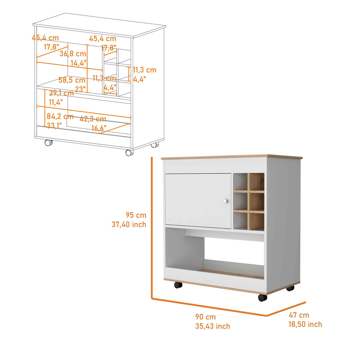 Texas Bar Cart, One Cabinet, Six Bottle Cubbies, One Lower Panel, Four Casters