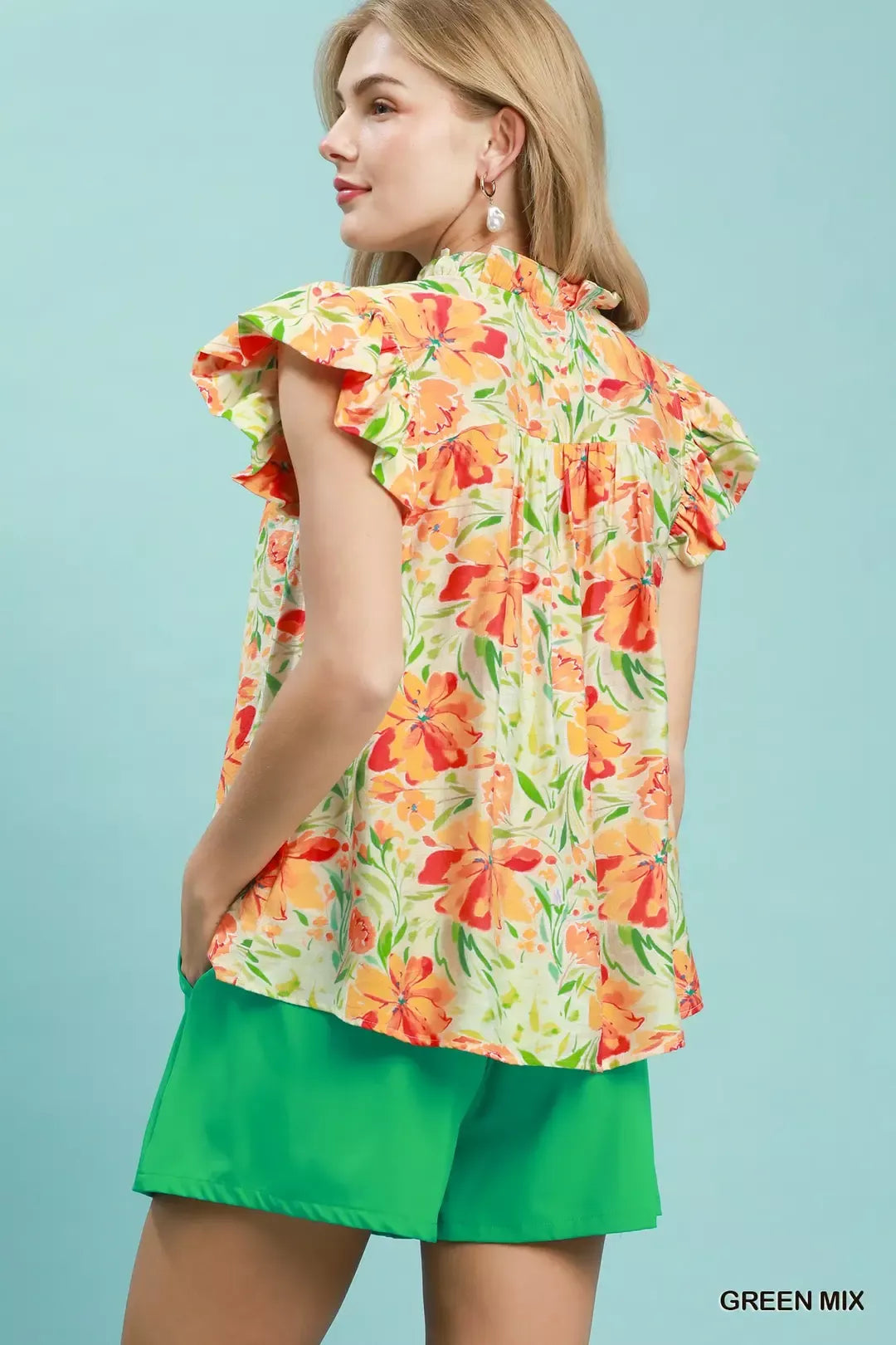 Umgee Smocked Yoke Ruffle Sleeve Floral Blouse
