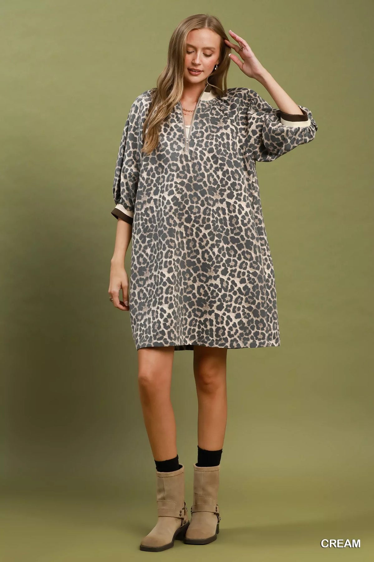 Umgee Leopard Print Quarter Zip Puff Sleeve Mini Dress