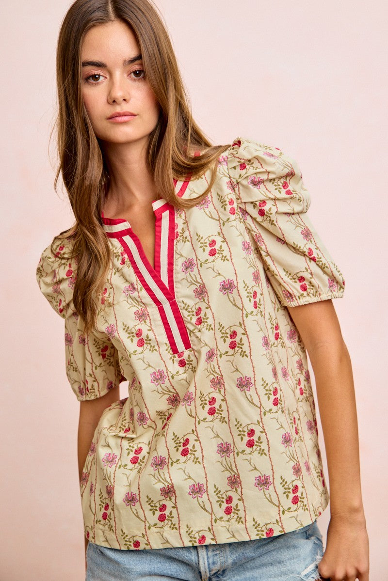 BiBi Floral Gather Sleeves Contrast Neckband Blouse Top