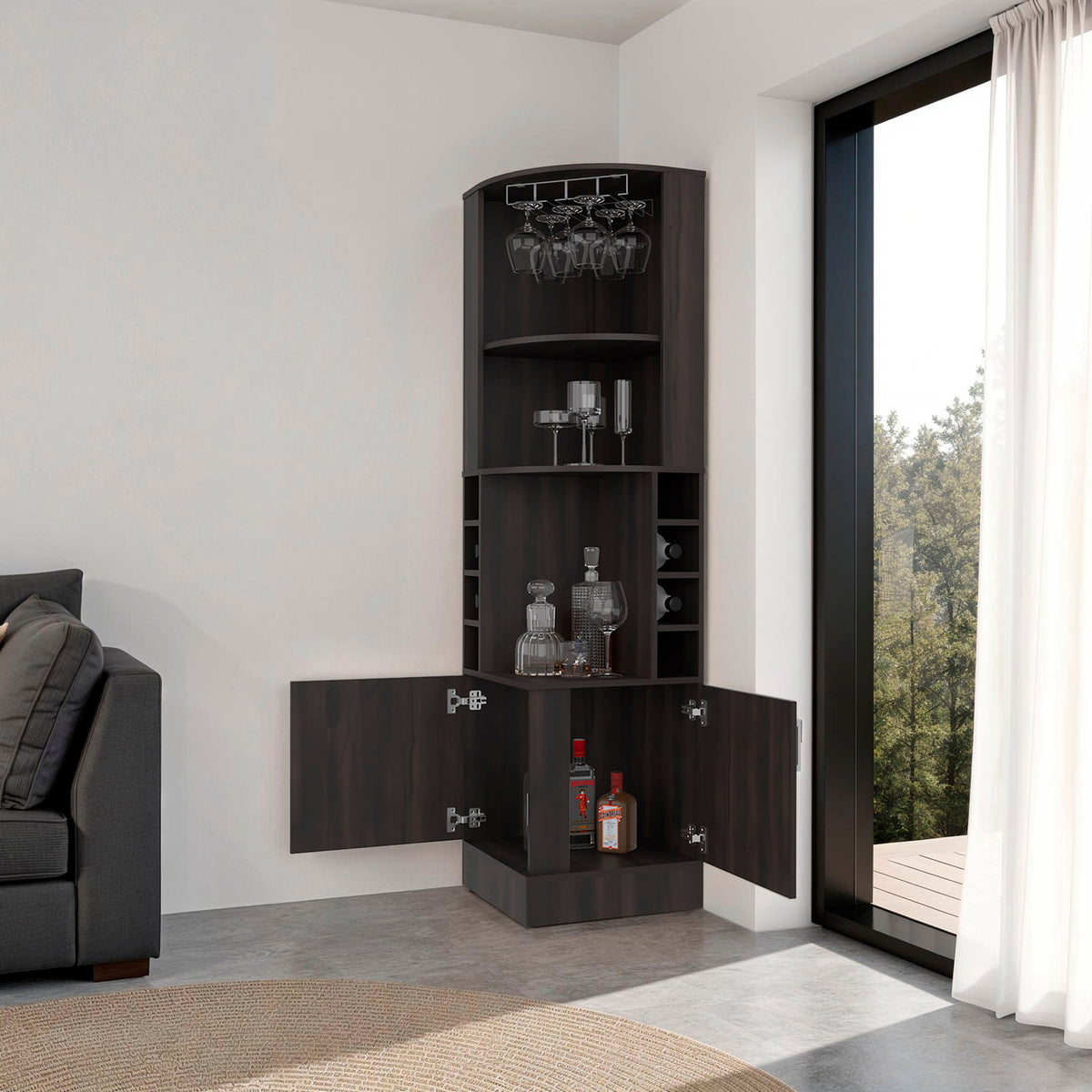 Cairo Corner Bar Cabinet with Double Door Cabinet, Glass Rack, Eight Built-in Wine Rack, Dark Walnut