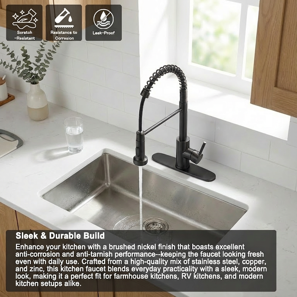 Kitchen Faucet with Pull Down Sprayer Industrial 1 Handle 1 Hole Or 3 Hole Faucet for Farmhouse Camper Laundry Utility Rv Wet Bar Sinks, Stainless Steel, Matte Black