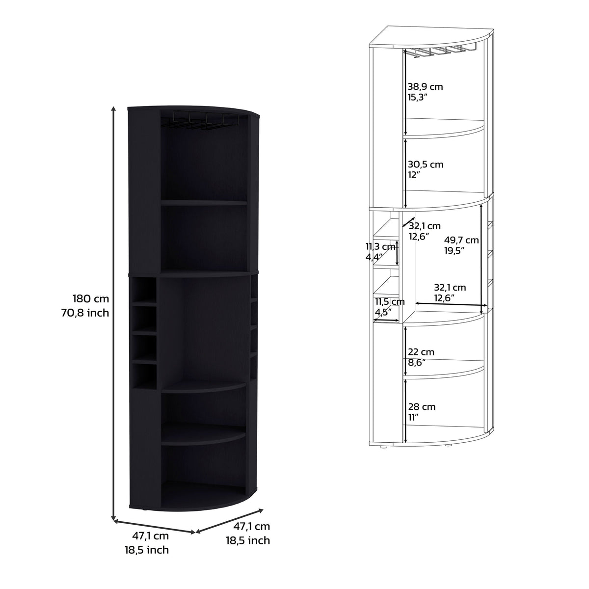 71' Corner Bar Cabinet with Five Shelves, Eight Bottle Cubbies and Stemware,Black