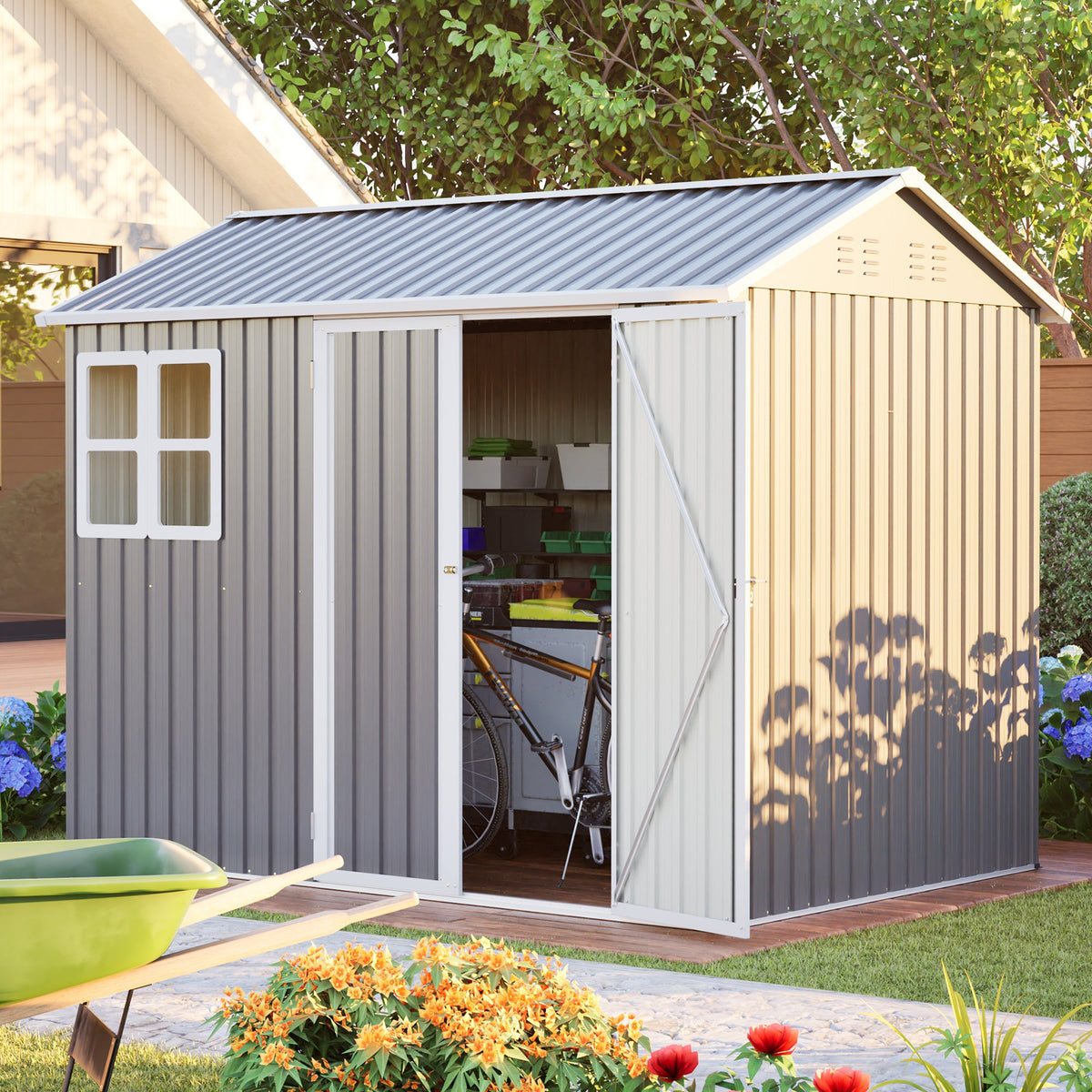 8'x6' Large Steel Storage Shed with Window, Lockable Doors & Sloped Roof, Heavy Duty Outdoor Tool Shed for Garden, Patio, Backyard, Lawn - Dark Gray