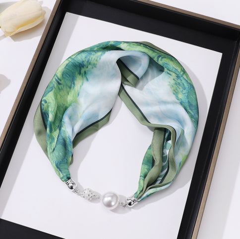 Magnetic Buckle Silk Women Scarf Pearl Necklace (See size chart where applicable)