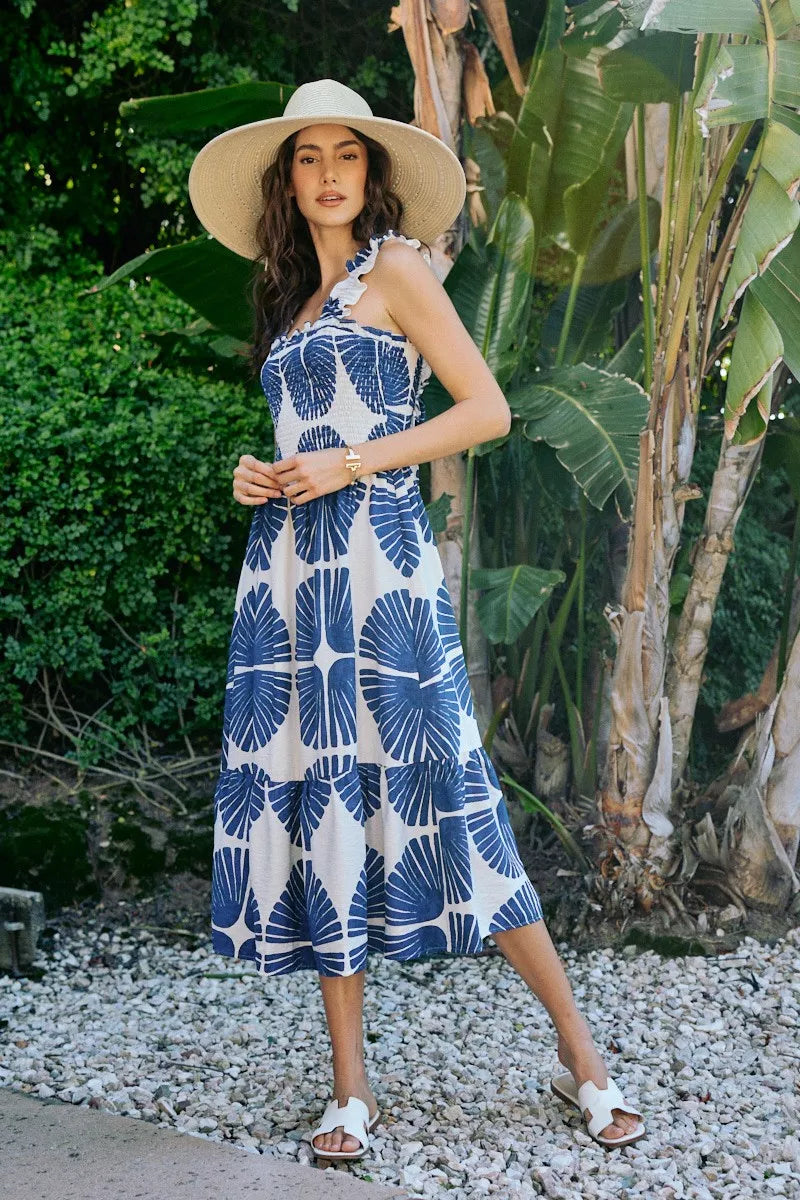 SO ME Abstract Print Smocked Bodice Tiered Lined Midi Dress