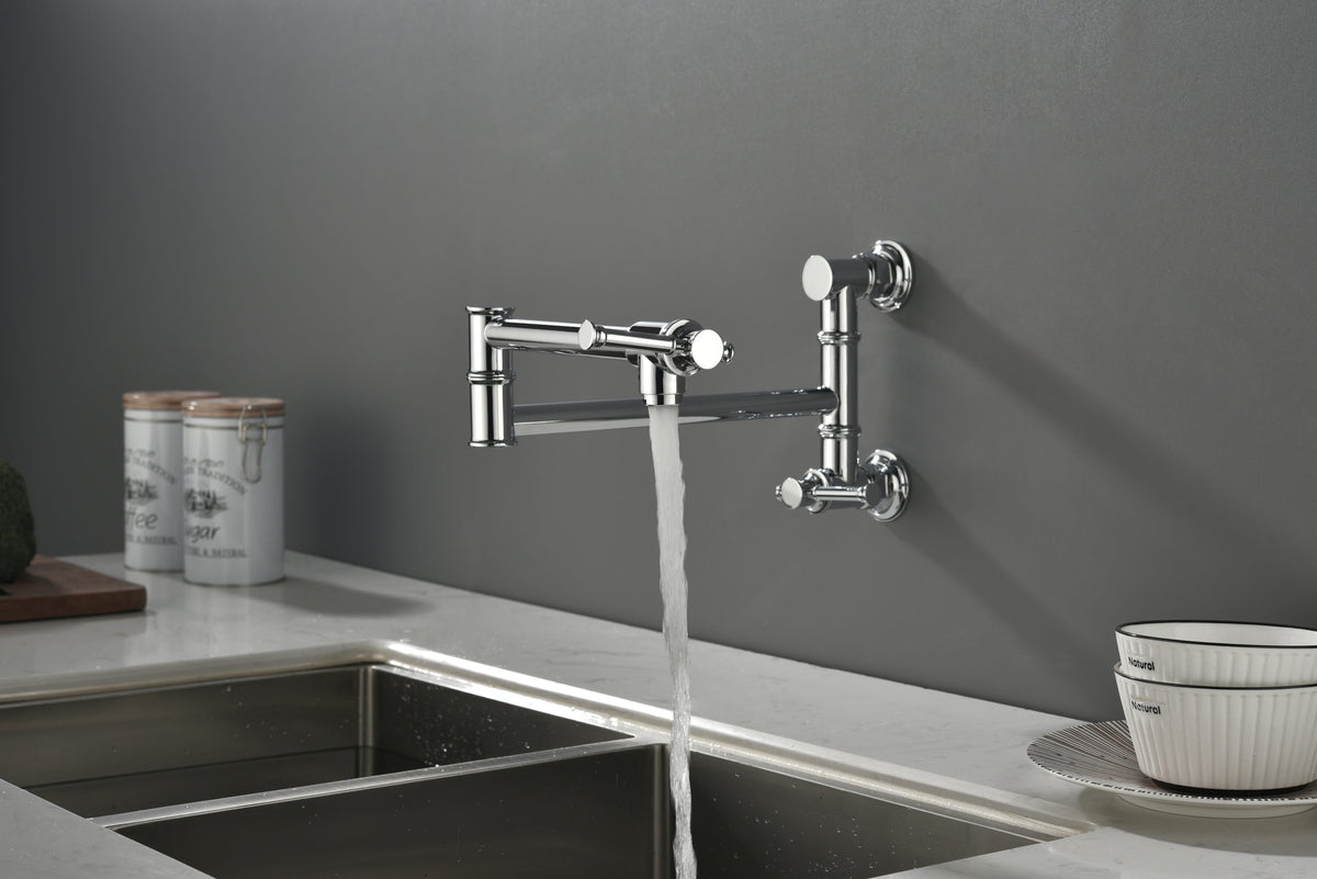 Wall mounted Pot Filler Faucet, Modern Brass Pot Filler Two-Attachment Wall Mount Folding Kitchen Pot Filler Swing Arm