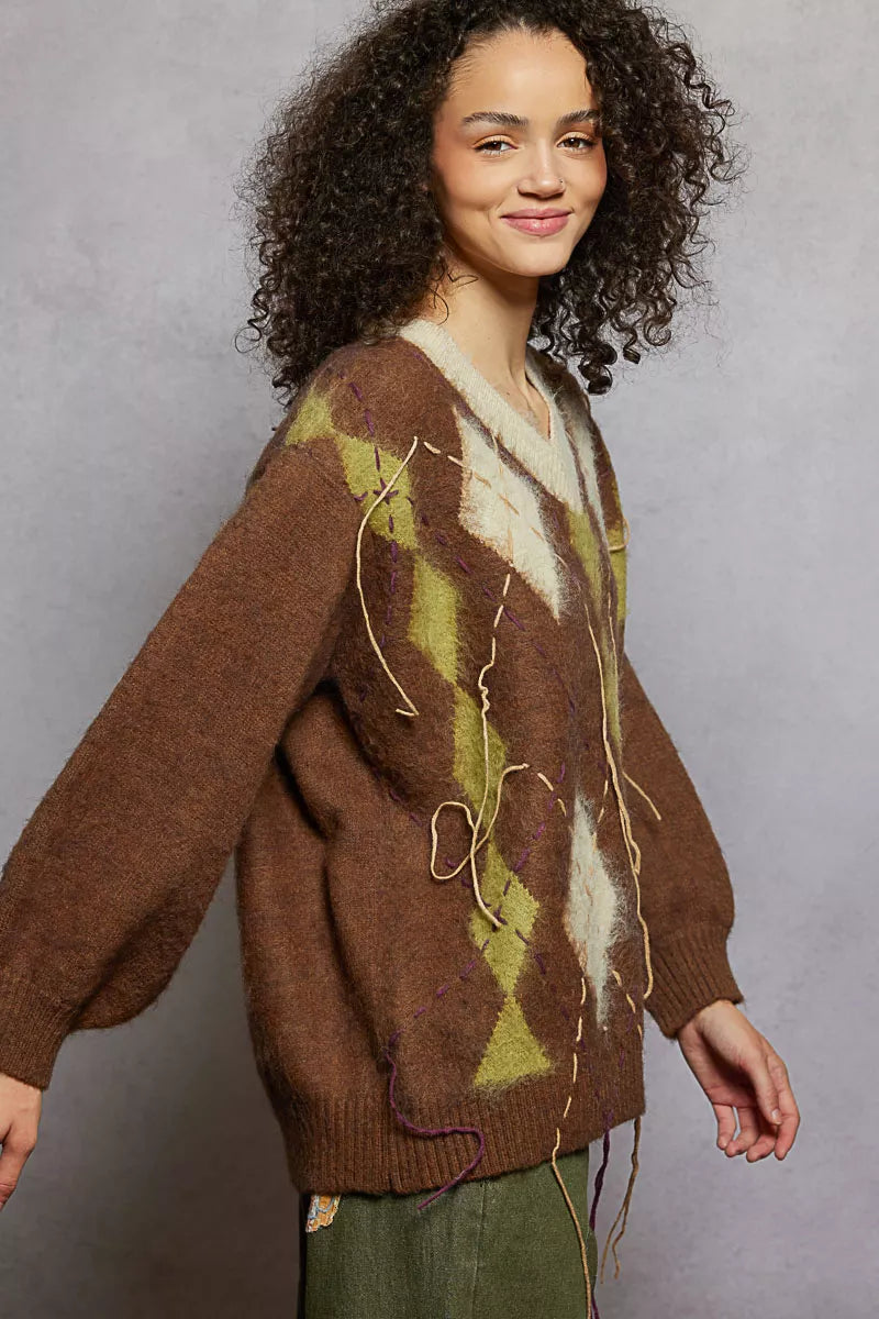 POL V-Neck Argyle Pattern Mohair Sweater with Contrast Exposed Stitch Detail