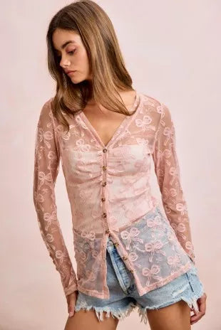 BiBi Bow Pattern Shrried V-neck Mesh Cardigan Top