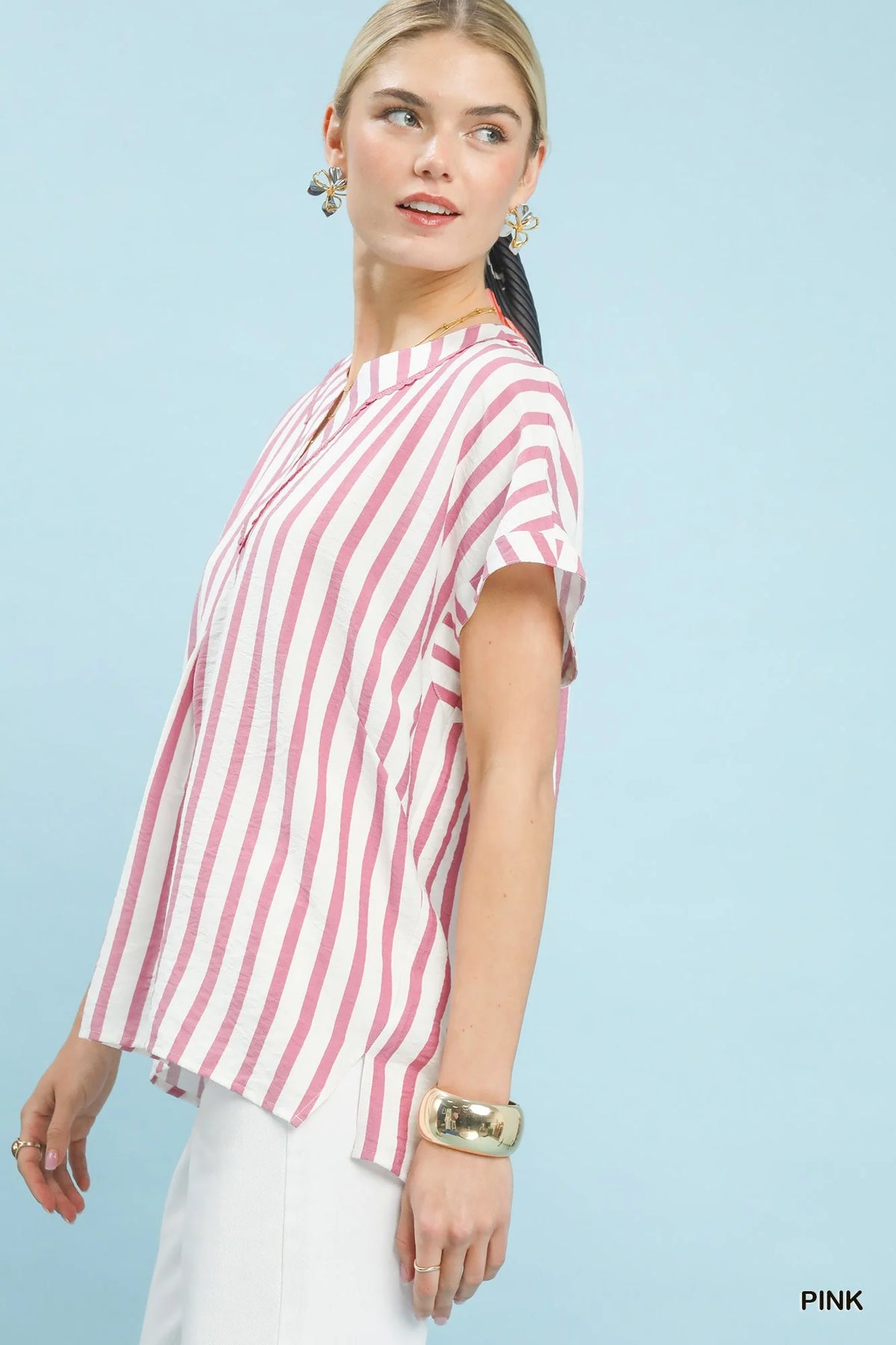 Umgee Mixed Stripe Split Neck Oversized Blouse