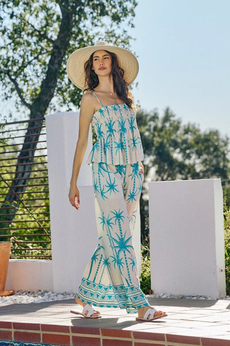 SO ME Palm Tree Smocked Bodice Adjustable Cami Top