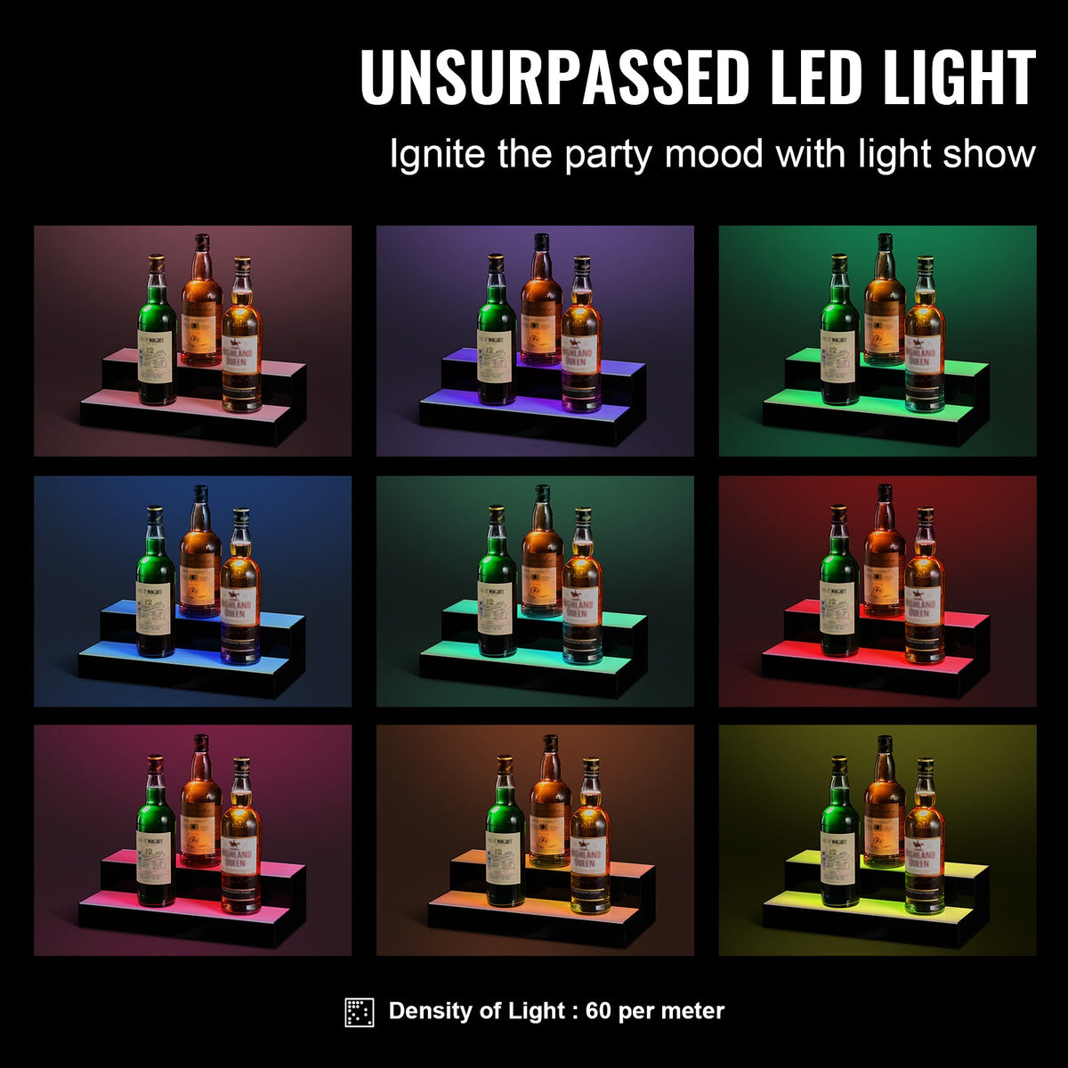 LED Lighted Liquor Bottle Display Bar Shelf RF & App Control 16' 2-Step