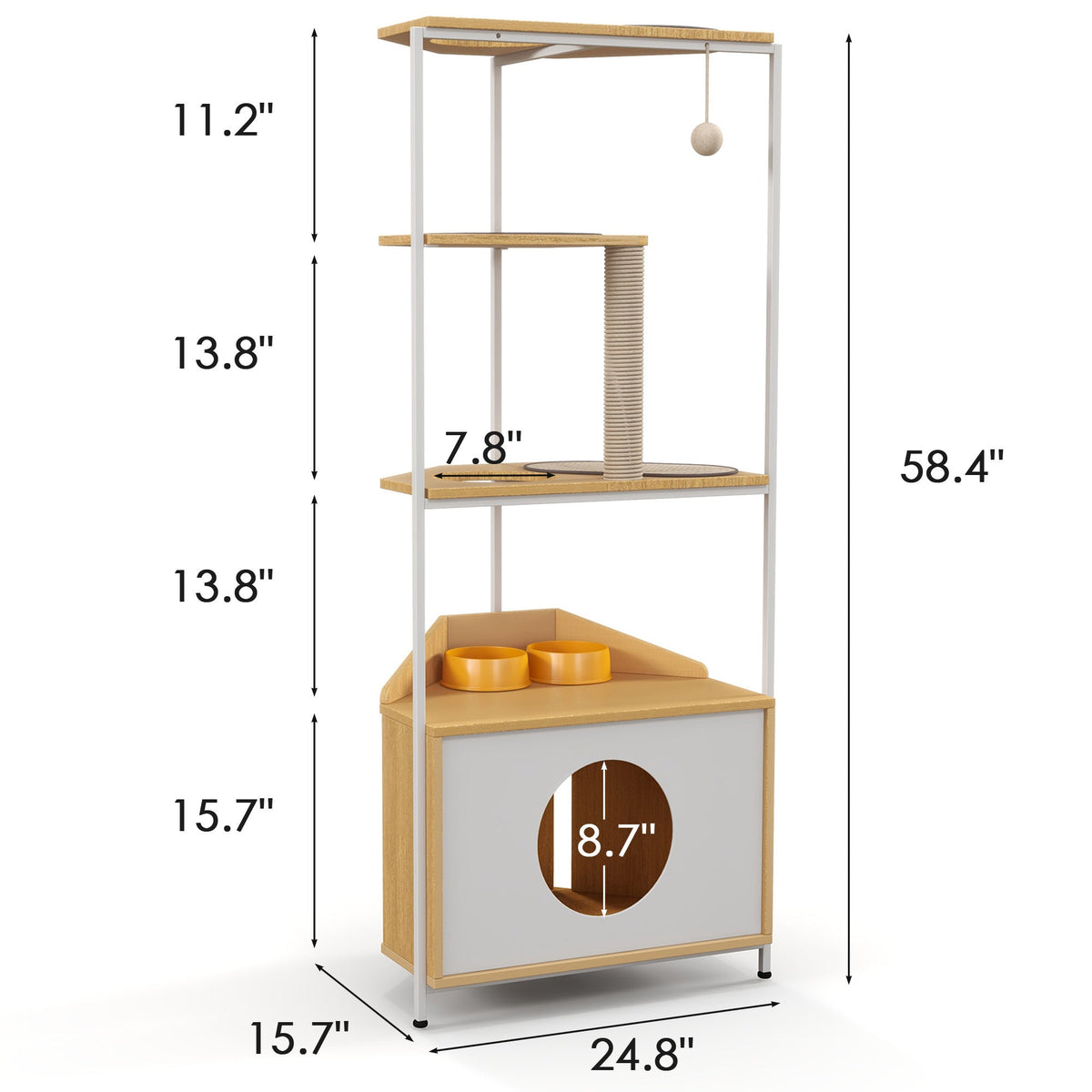 Modern Corner Cat Tower with Scratching Post, Cat Condo and Feeding Station, White and Light Oak Particle Board, 58.27-inch Height