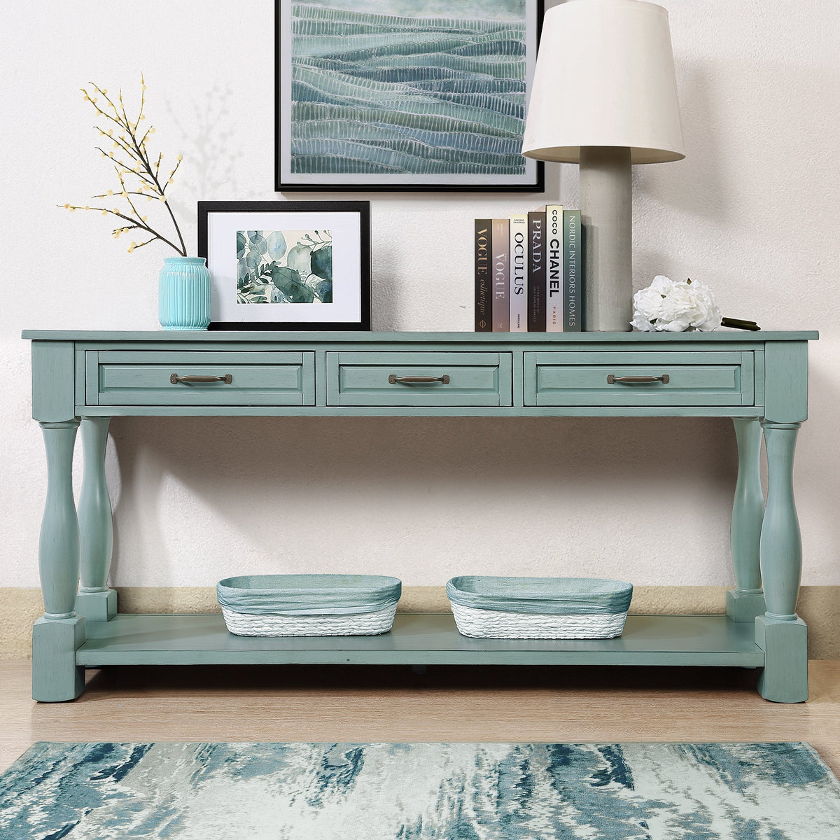 63inch Long Wood Console Table with 3 Drawers and 1 Bottom Shelf for Entryway Hallway Easy Assembly Extra-thick Sofa Table ( Retro Blue)