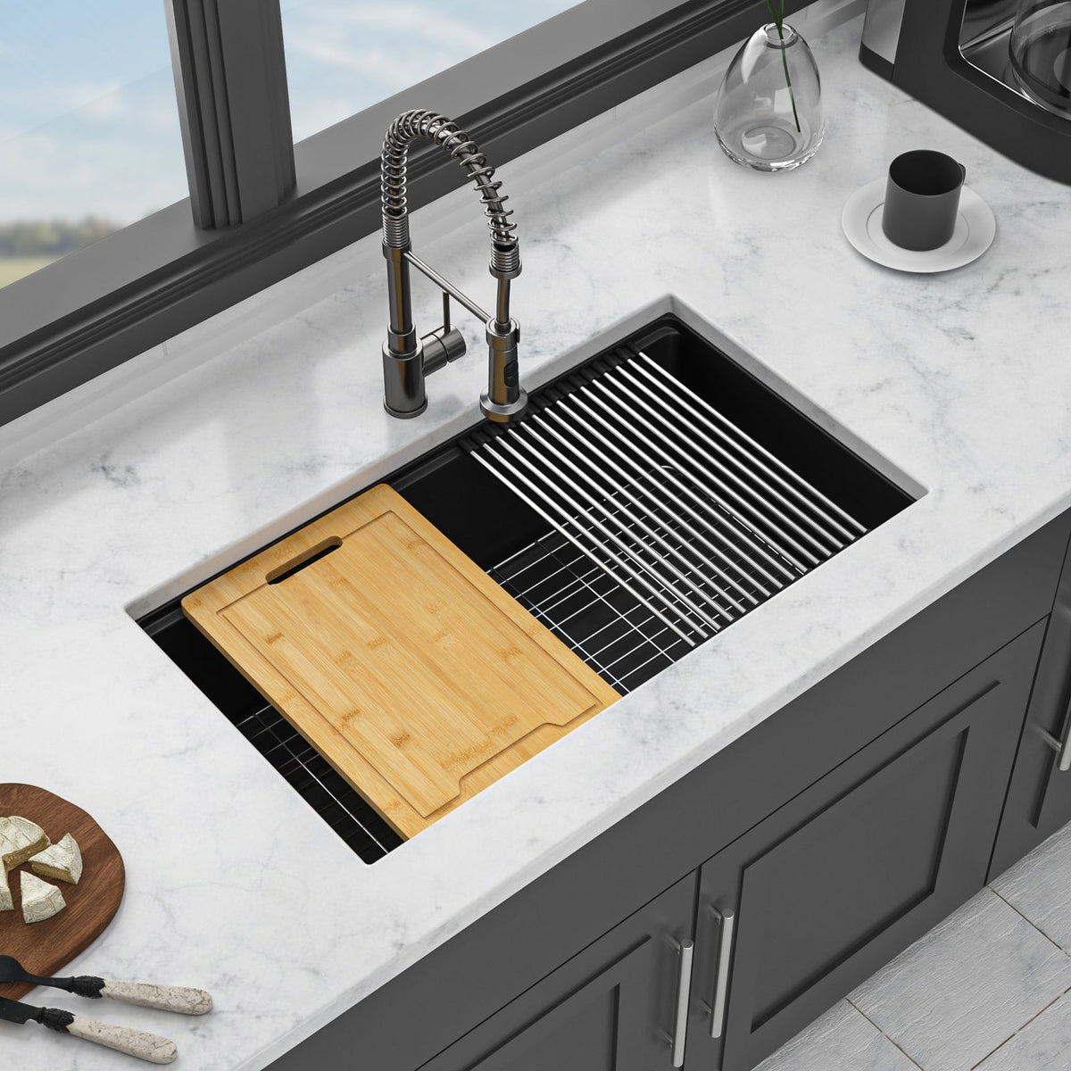 Quartz Composite Kitchen Sink Workstation Undermount 33x19 Inches Black Granite
