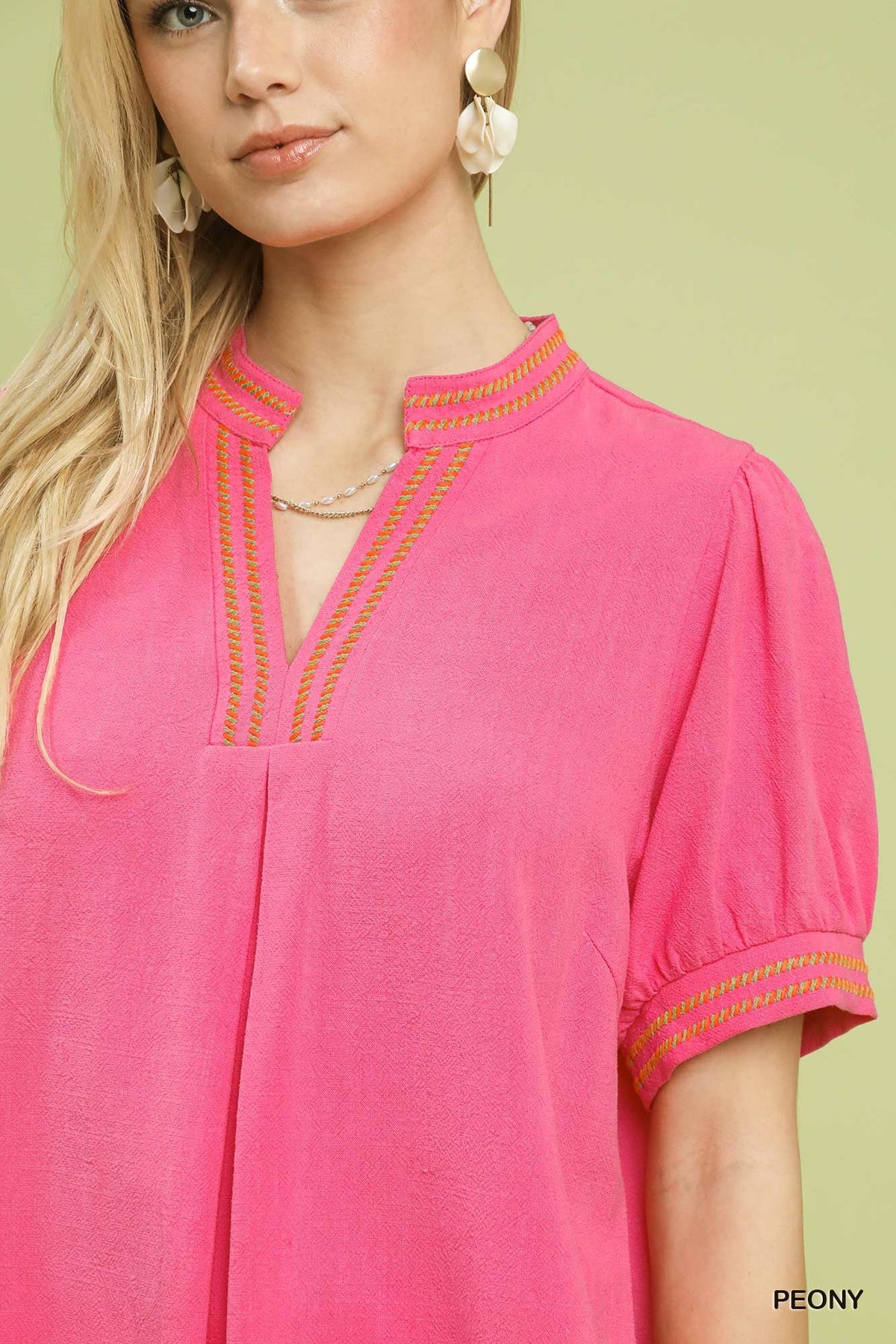 Umgee Embroidery Linen Puff Sleeve Blouse