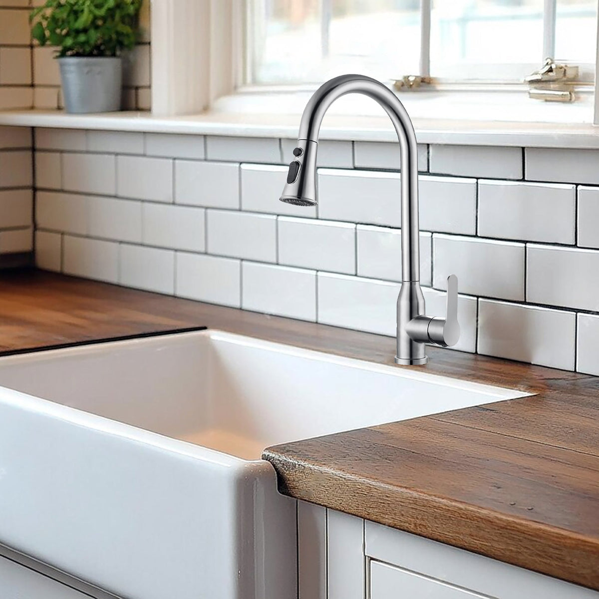 Stainless Steel High Arc Kitchen Faucet with Pull Down Sprayer in Brushed Nickel Finish