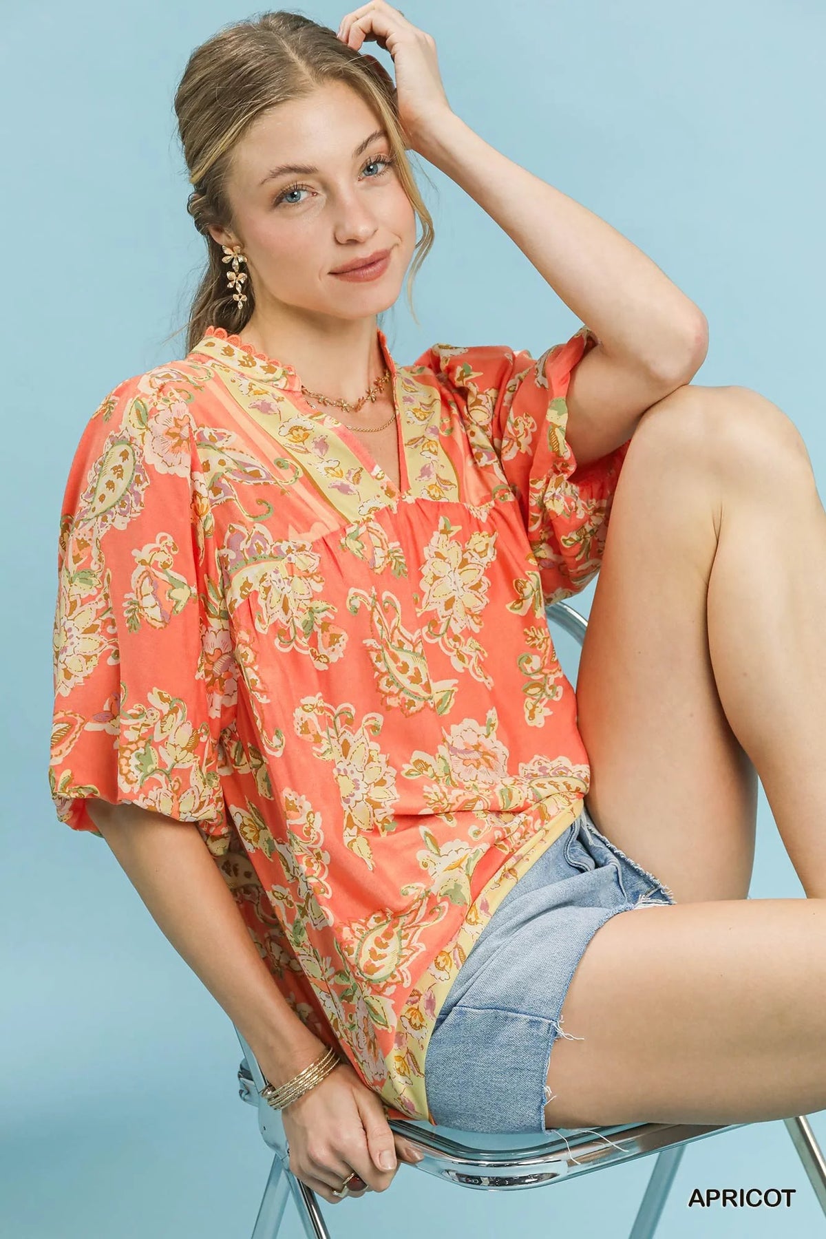 Umgee Apricot Floral Boho Blouse