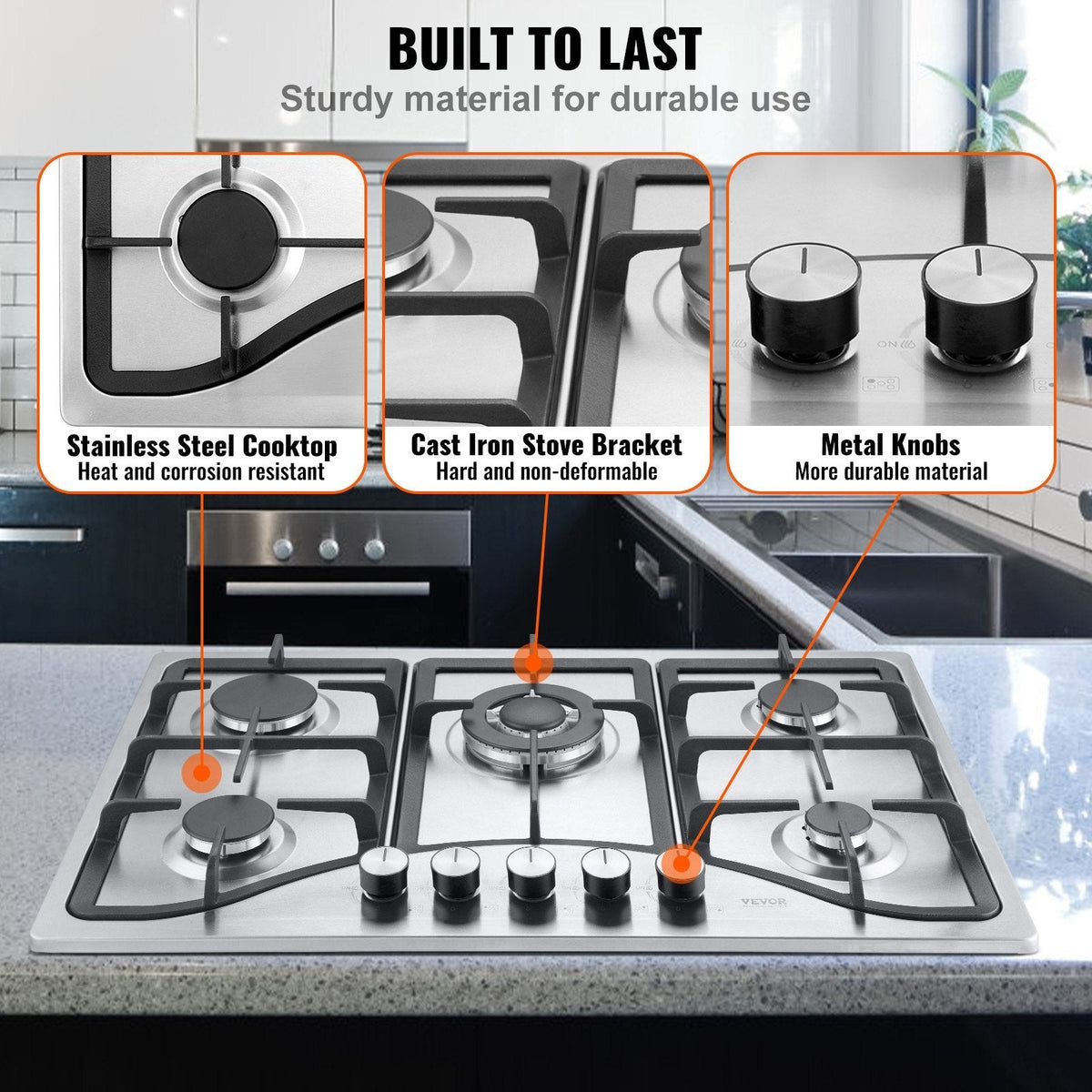 Gas Cooktop 30 inch, Max 12250BTU 5 Burners Built-in Stainless Steel Gas Stove Top, LPG/NG Convertible Dual Fuel Natural Gas Hob with Thermocouple Protection