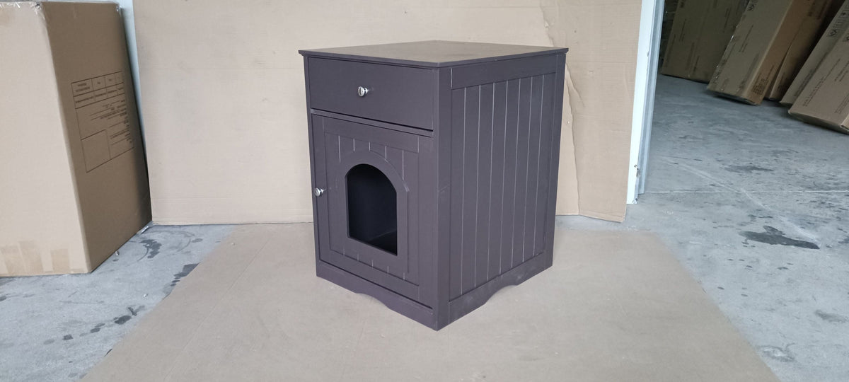 Brown Wooden Pet House Cat Litter Box Enclosure with Drawer, Side Table, Indoor Pet Crate, Cat Home Nightstand