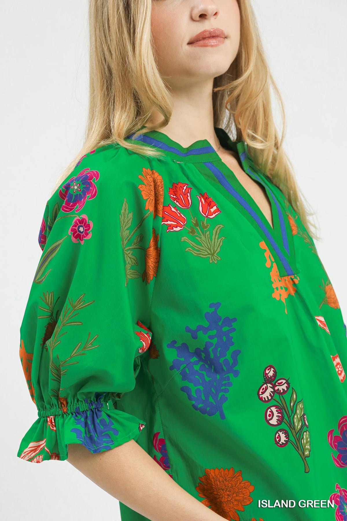 Umgee Floral Split Neck Puff Sleeve Top