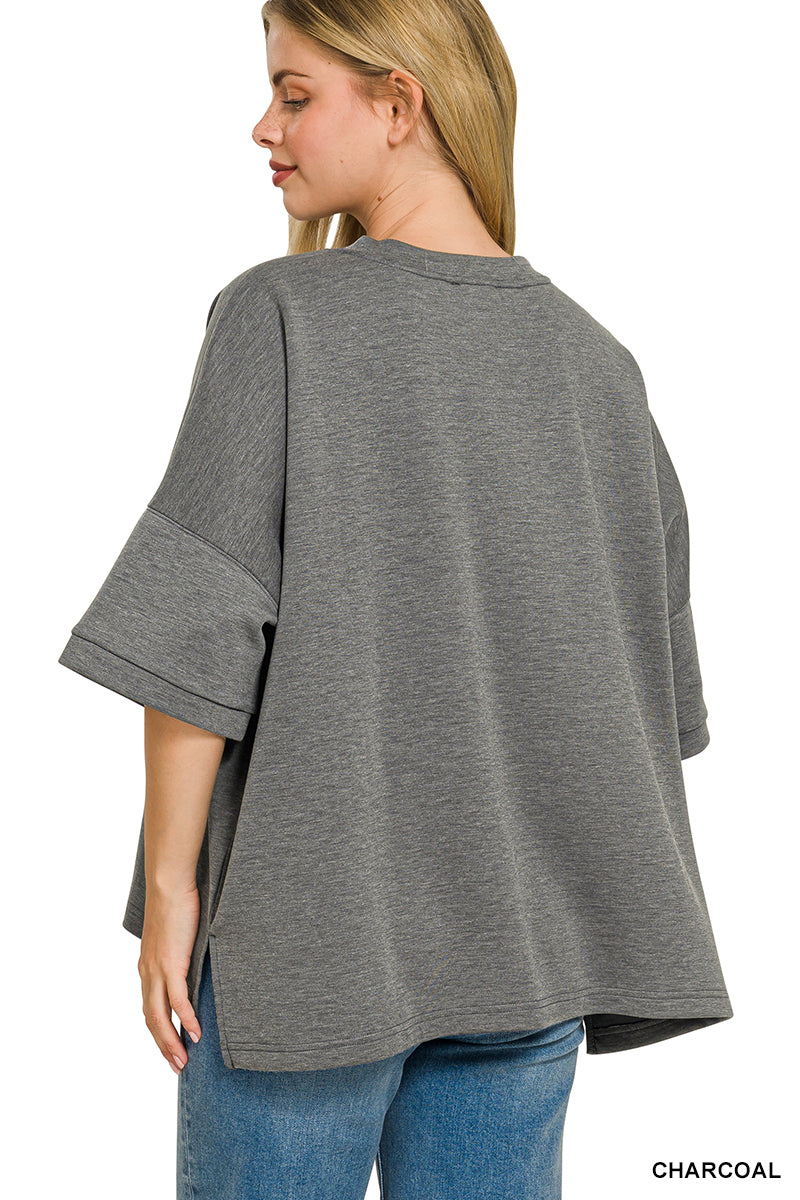 Zenana Full Size Scuba Round Neck Top With Side Slits Plus Size