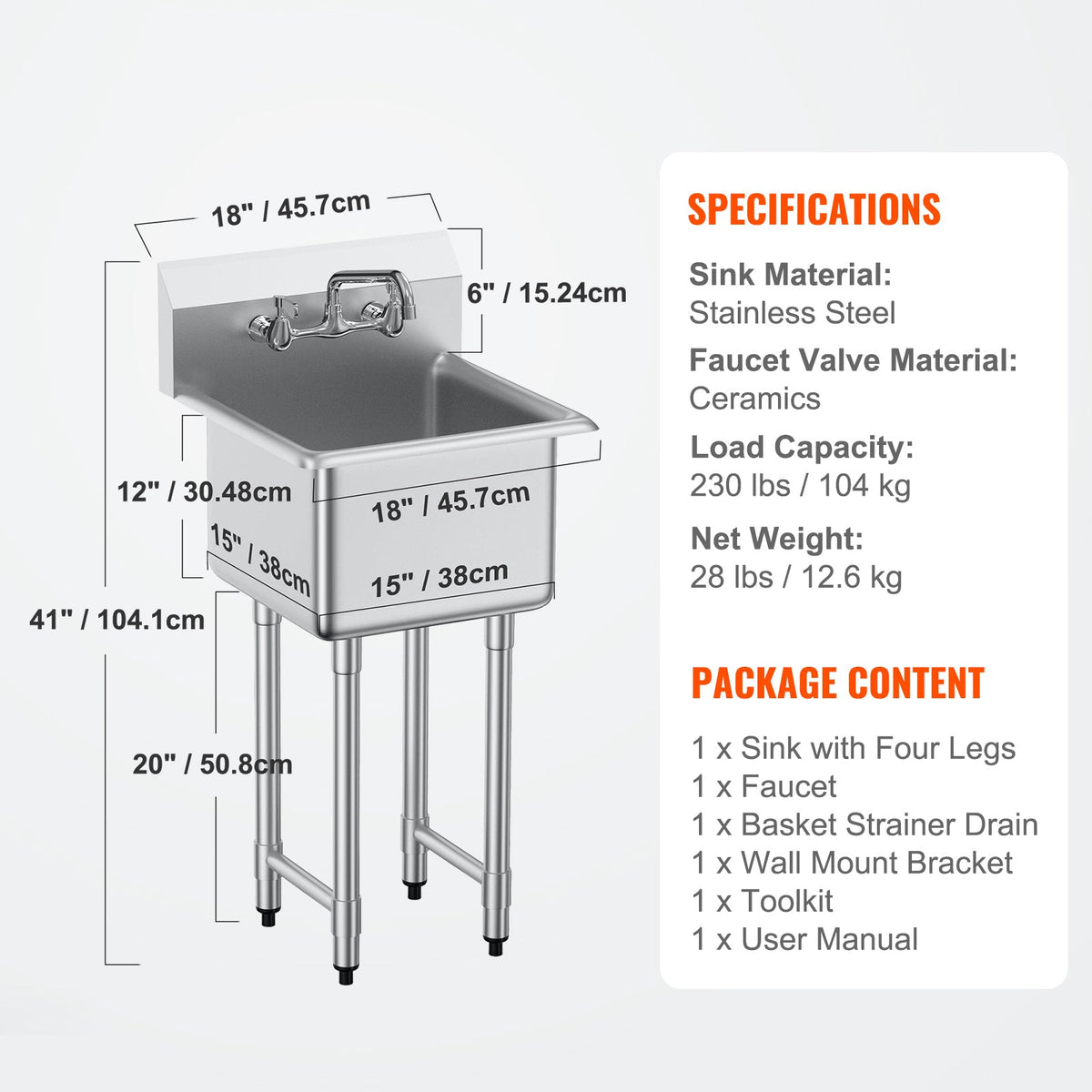 Stainless Steel Prep & Utility Sink, 1 Compartment Free Standing Small Sink Include Faucet & legs, 18'x41' Commercial Single Bowl Sinks for Garage, Restaurant, Kitchen, Laundry
