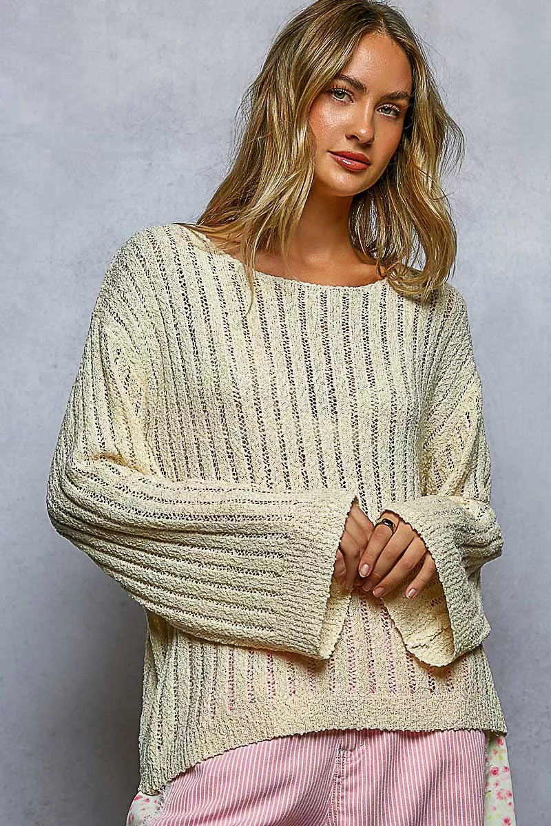POL Round Neck Long Sleeve Open Weave Sweater