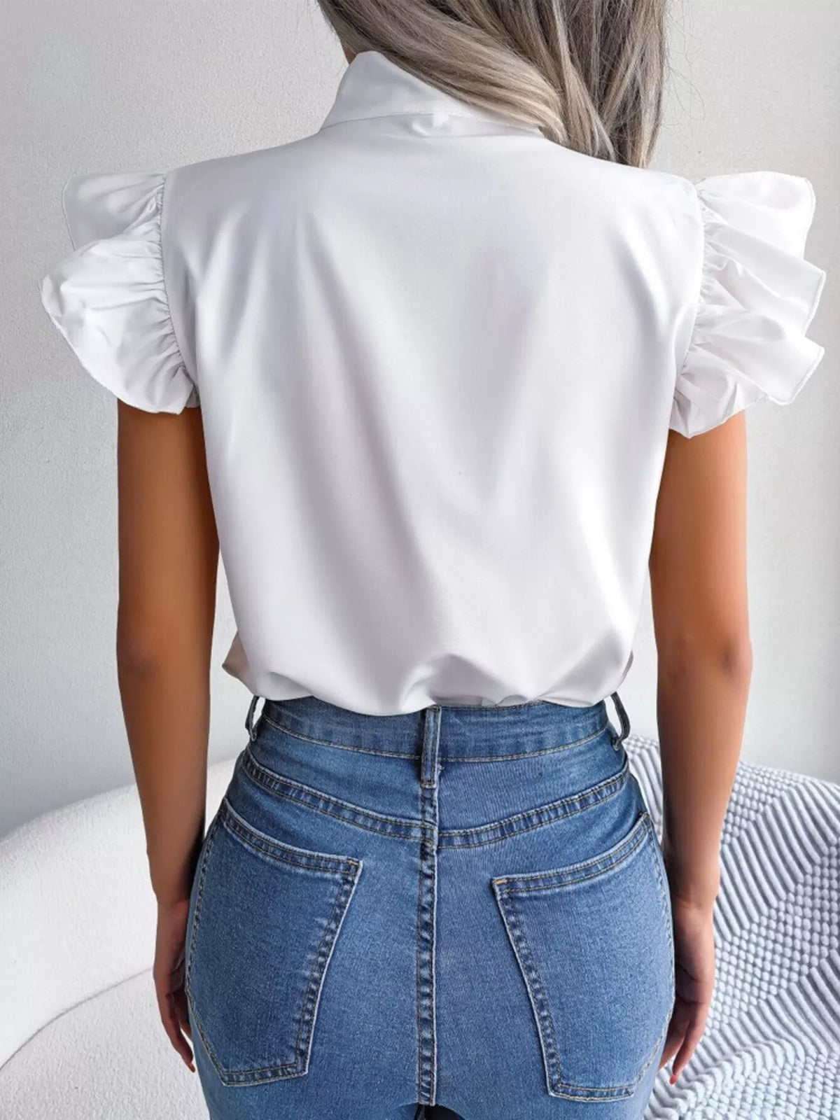 Bow Tie Ruffle Sleeve Blouse