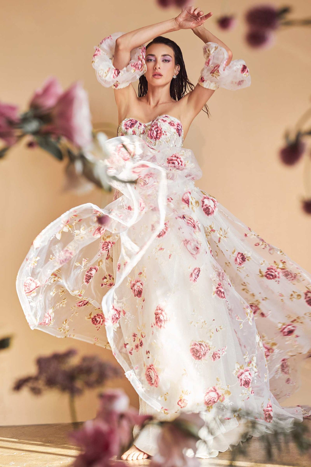 Andrea & Leo A1133 Floor Length Strapless Organza Peony Print Ball Gown
