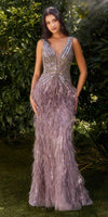Andrea & Leo A1273 Long Bead and Feather Embellish V-Neck Formal Gown