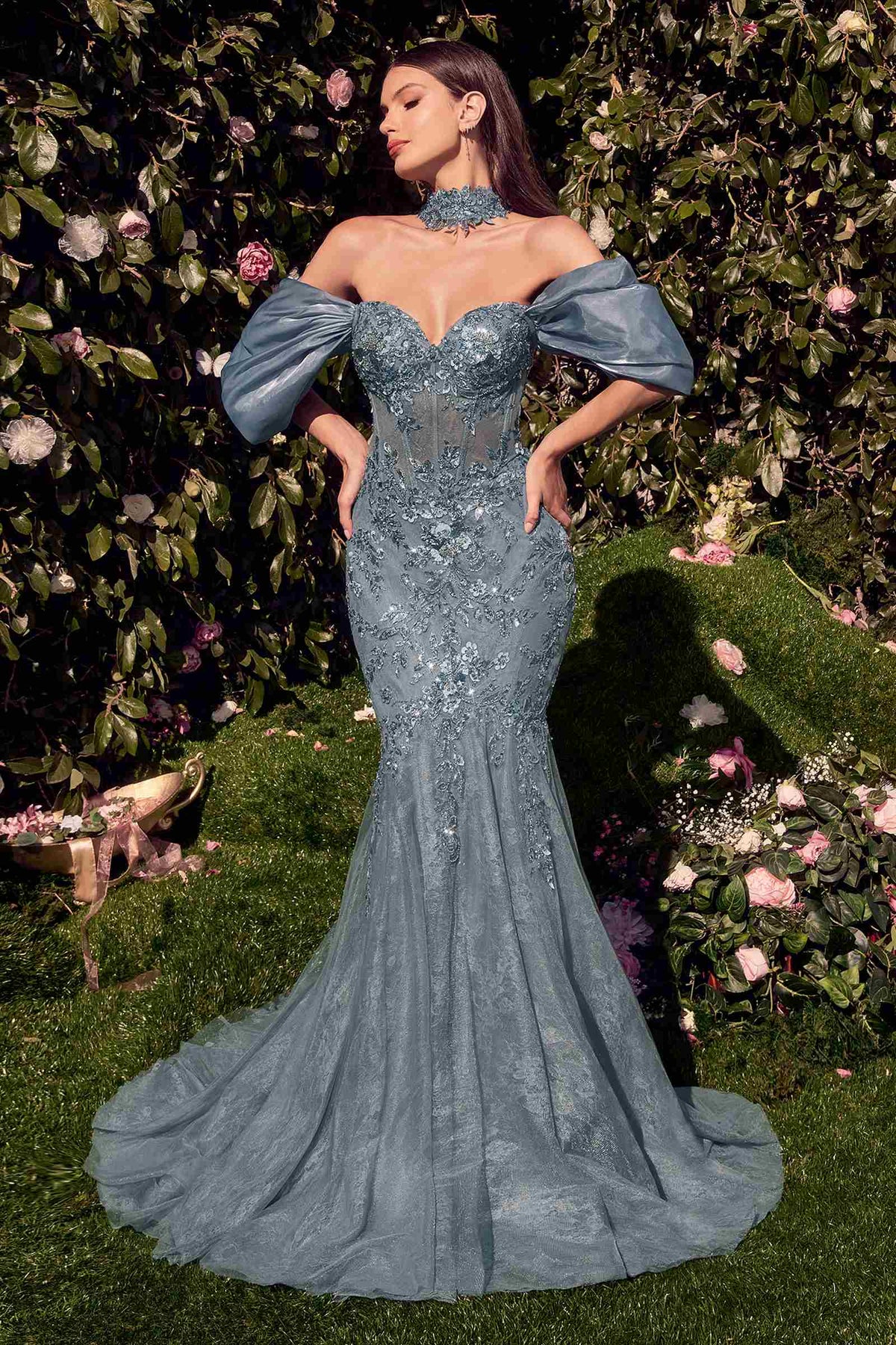 Andrea & Leo A1354 Strapless Lace Mermaid Gown & Removable Accessory