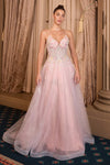 Andrea & Leo A1477 Deep V-Neck Floral Print Applique A-Line Ball Gown