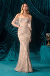 Andrea & Leo A1510 Fitted Gown Crystal Beadwork Sequin Motifs Cold Shoulder