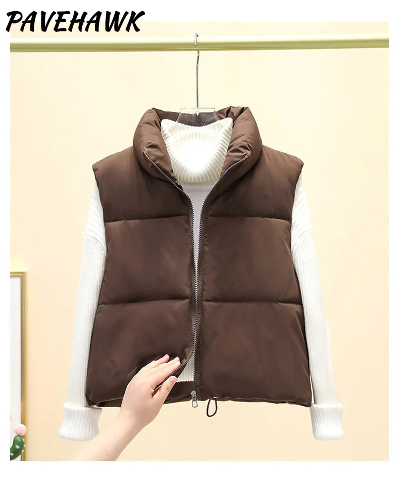Women Short Cotton Down Vest Sleeveless Warm Stand Up Collar Outerwear Casual Winter Loose Basic Thick Jacket Female Clothes