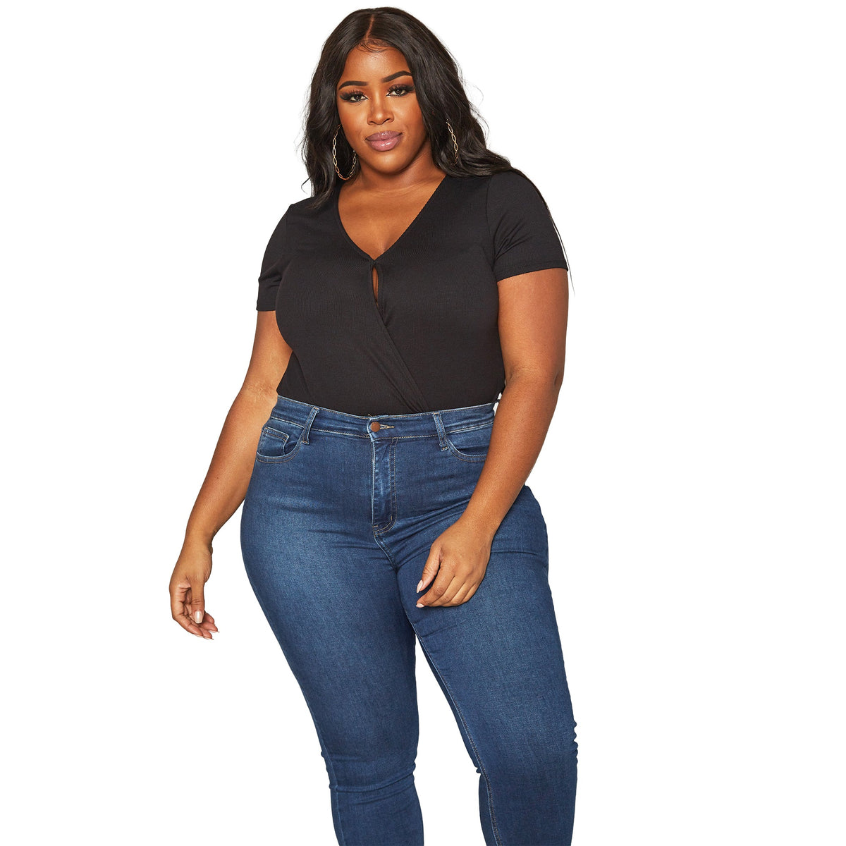 Plus Size Women's Ribbed V Neck Short Sleeve Bodysuit