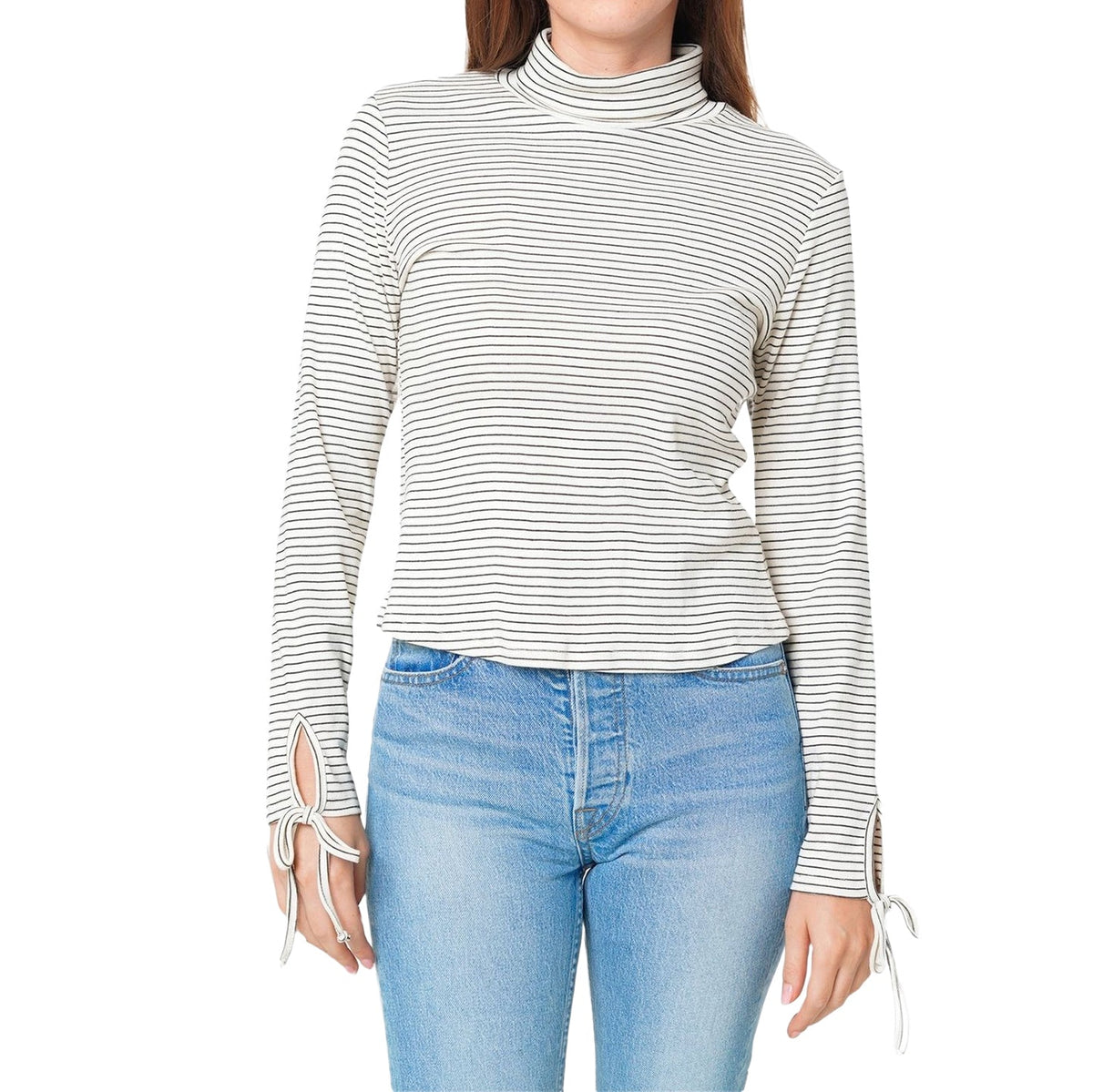 Women's Long Sleeve Mock Neck Tie Cuff Stripe Tee